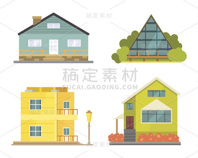 别墅和各种房地产建筑图标。新卡通风格的住宅收藏