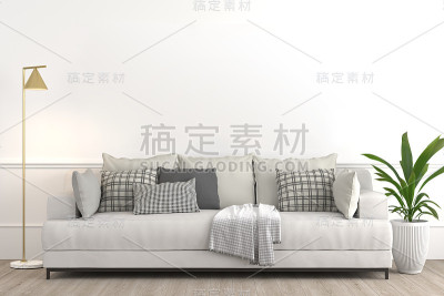室内设计设置，现代优雅的客厅由白色沙发和各种枕头和纺织品，灯和植物在白色空墙上模拟3d渲染锅。
