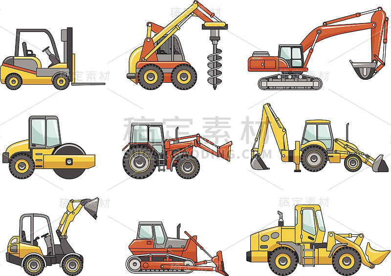 一套重型施工机械。矢量图