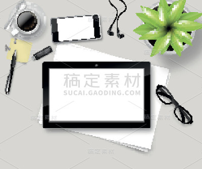 现实的矢量办公用品，俯视图的工作场所。