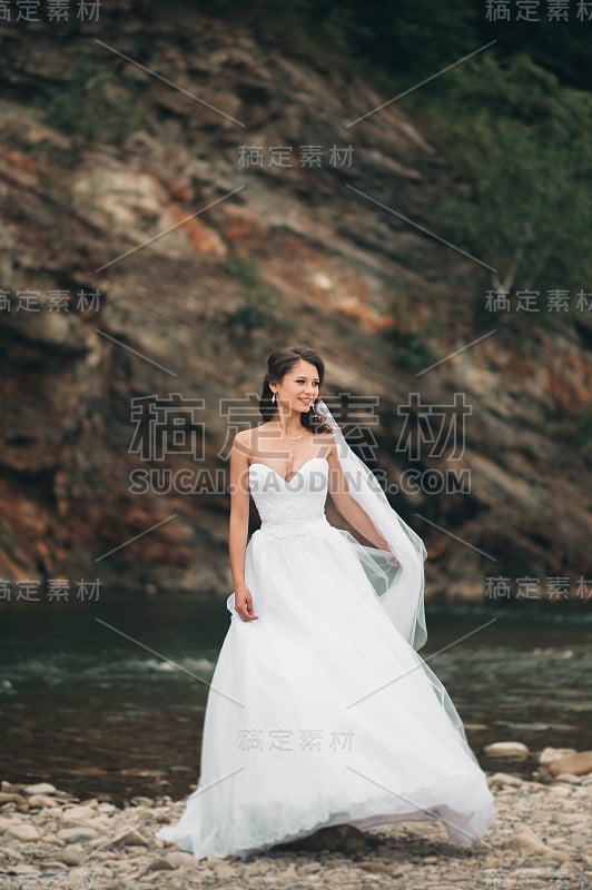 美丽奢华的年轻新娘在长长的白色婚纱和