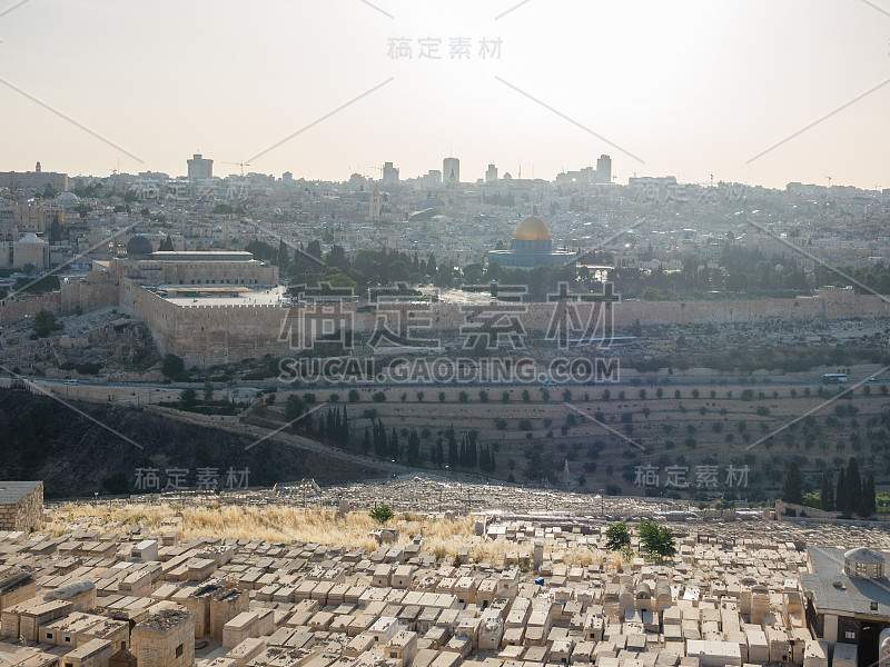 耶路撒冷老城和圣殿山全景，从橄榄山在耶路撒冷，以色列