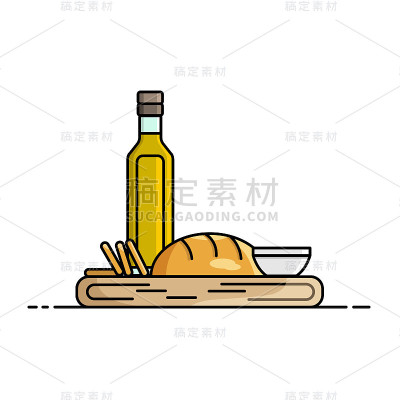 一套橄榄油，面包和一个盘子在木板上。在白色的背景上。