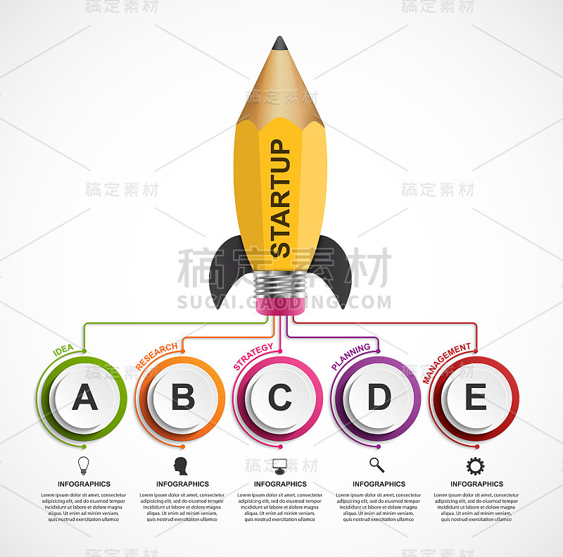 教育信息图设计模板。火箭铅笔用于教育和商业演示和小册子。