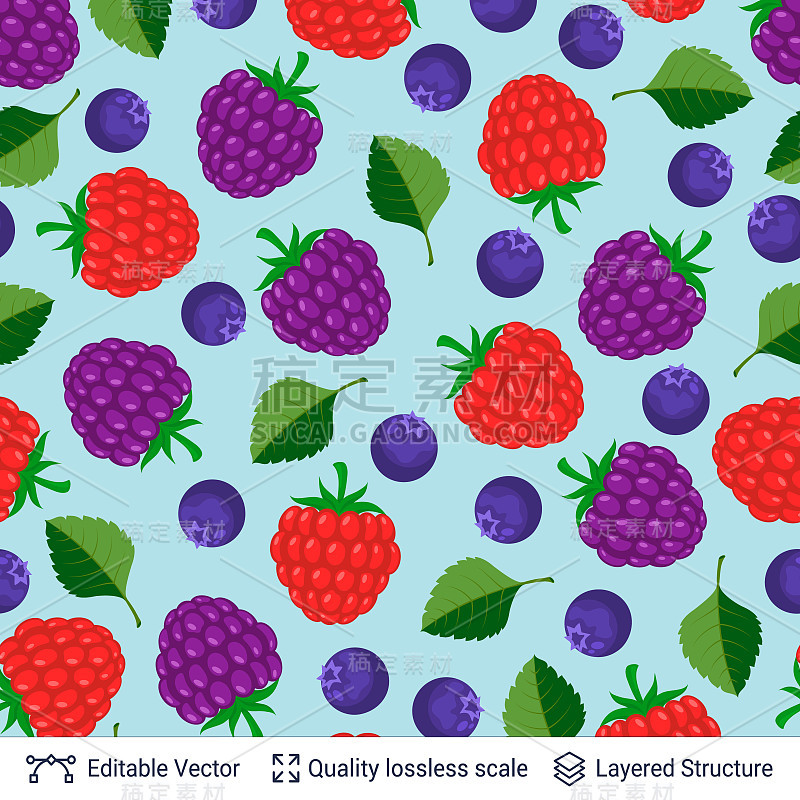 Seamless pattern with forest berries and leaves.