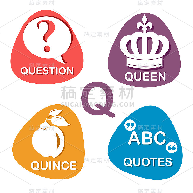 可爱的字母向量。Q字母的问题，皇后，quince和引号