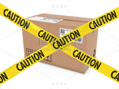 可疑包裹概念-纸板箱后面的警告胶带十字
