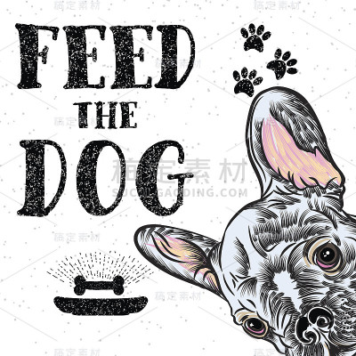 矢量插图手绘时尚法国牛头犬与饲料宠物标志狗主人卡。