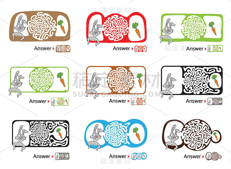 一套迷宫拼图的孩子与兔子和胡萝卜