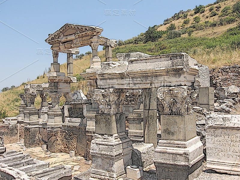 土耳其以弗所,。特瑞安的喷泉。著名的古希腊地标、历史文化纪念碑。彩色轮廓图的数字风格化