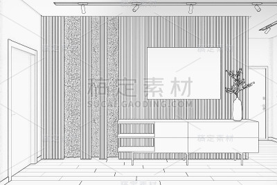 现代室内的草图，墙上有一幅空白的横向海报，苔藓，一个花瓶，底座上有一个月亮和两扇门。前视图。