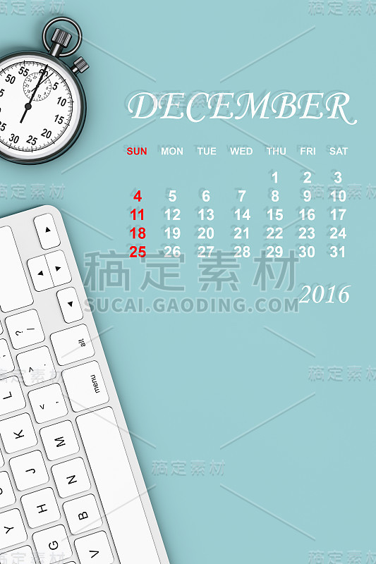 2016年的日历。12月日历。三维渲染