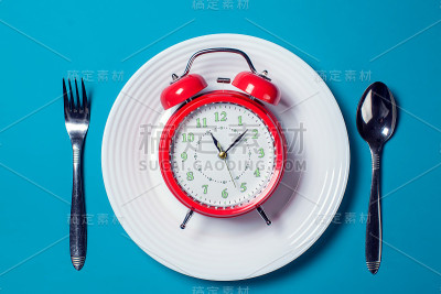 闹钟放在白色盘子上，勺子和叉子放在彩色背景上。饮食概念