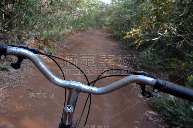 在热带森林肮脏的道路上骑自行车