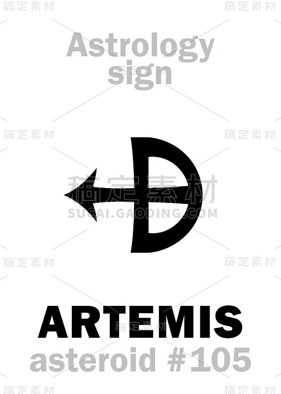 星相字母表:ARTEMIS，编号105的小行星。象形文字符号(单符号)。