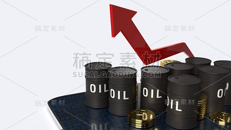 红色箭头指向和油罐3d渲染图像的石油业务内容。