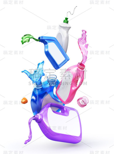 不同的瓶子与倒洗洁精在一个白色的背景。三维演示