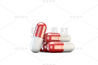 药物概念胶囊丸和片剂在白色上的三维渲染