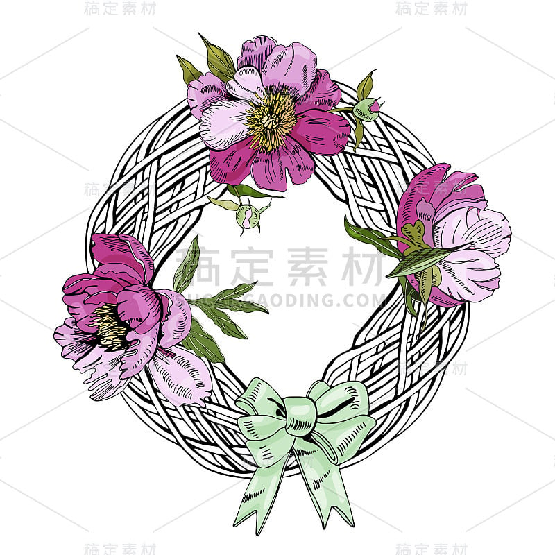 Wreath  with  pink flowers of peony and bow. Hand 