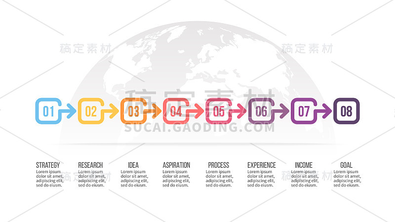 业务信息图。时间轴有8个步骤，选项。向量模板。