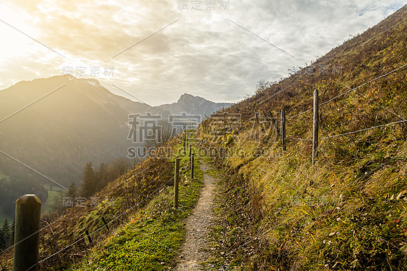 瑞士山脉中沿着山坡的小径