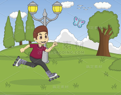 孩子们在公园里玩直线滑板，上面有蝴蝶的卡通