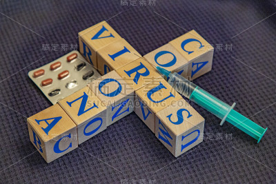 冠状病毒带蓝色字母的木方