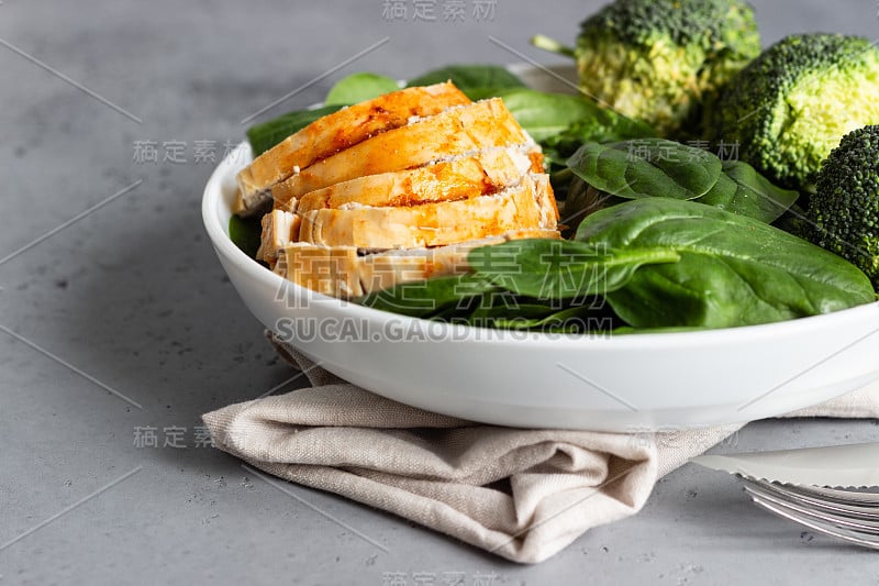 鸡胸肉，菠菜，花椰菜和柑橘汁放在白色的盘子里。灰色混凝土背景。副本的空间。健康饮食午餐或晚餐。酮饮食