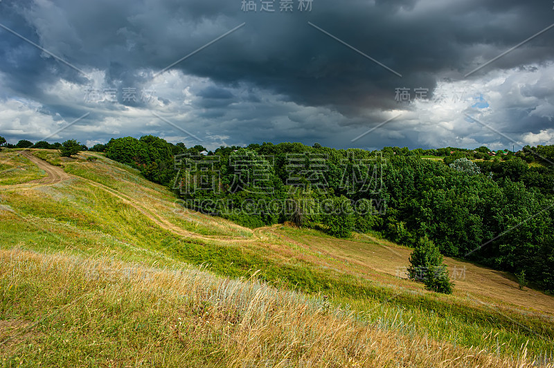 山坡上有落叶林和雨云，田园风光。