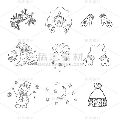 一组冬季物品。幼儿园的艺术。简约的北欧风格。
