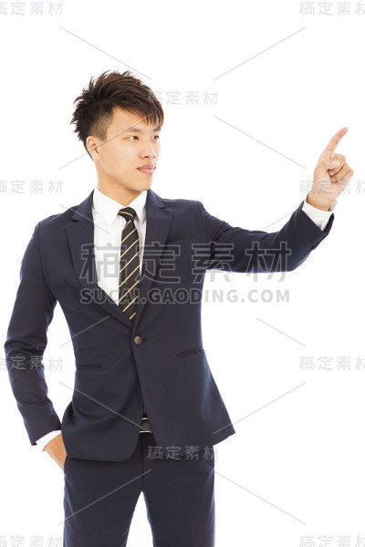 商人的手和手指触摸屏幕上的白色
