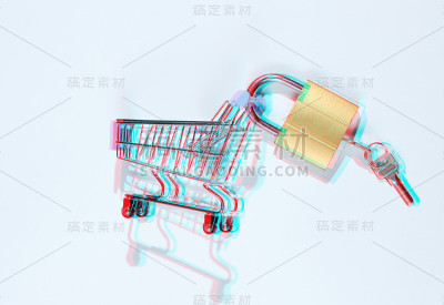 简约的购物理念。白色背景上有锁的迷你购物车。