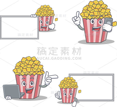 一套爆米花字符与板机笔记本姿态矢量插图