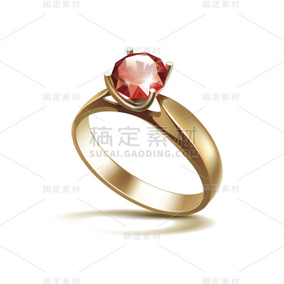 金订婚戒指与红色闪亮的清楚钻石孤立