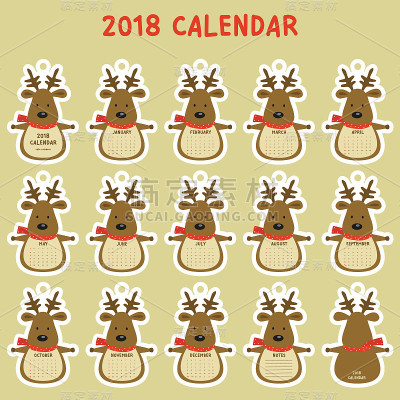 可打印2018年日历。可爱的驯鹿2018年日历卡通向量