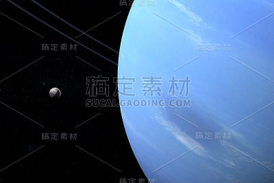 海王星和她在外太空的光环与海卫一卫星。三维渲染