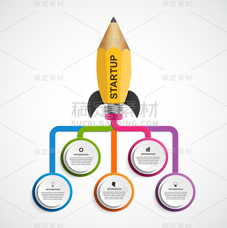 教育信息图设计模板。火箭铅笔用于教育和商业演示和小册子。