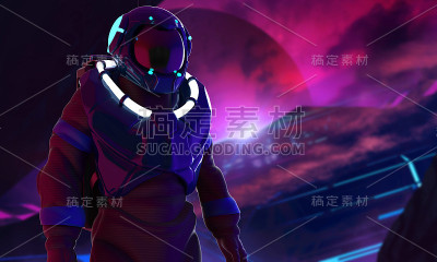 宇航员穿着太空服在外星人未来的紫色和蓝色的空间站上。