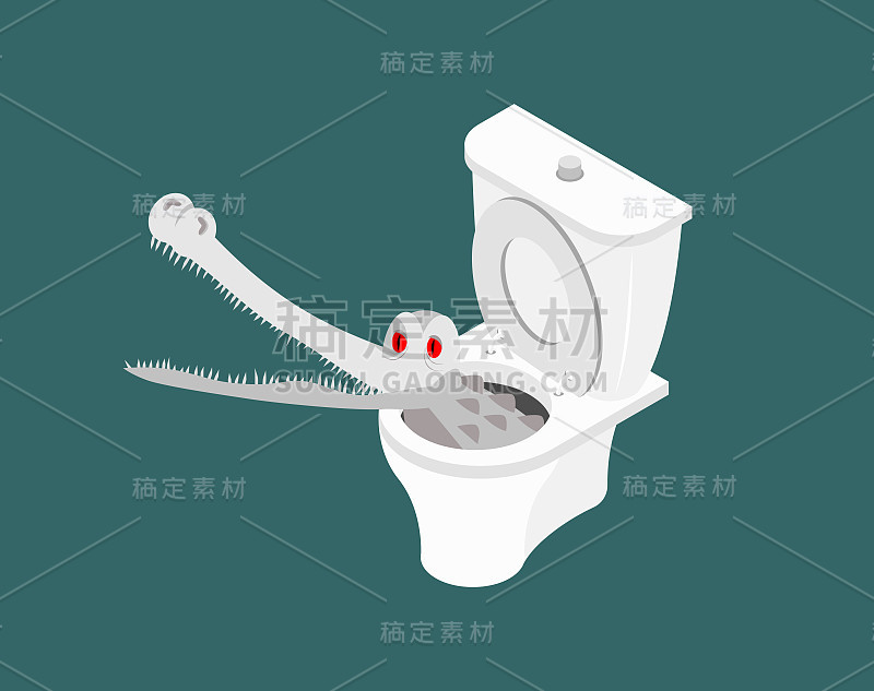 厕所里的白化鳄鱼。下水道里的白鳄鱼。怪物野生捕食者矢量插图