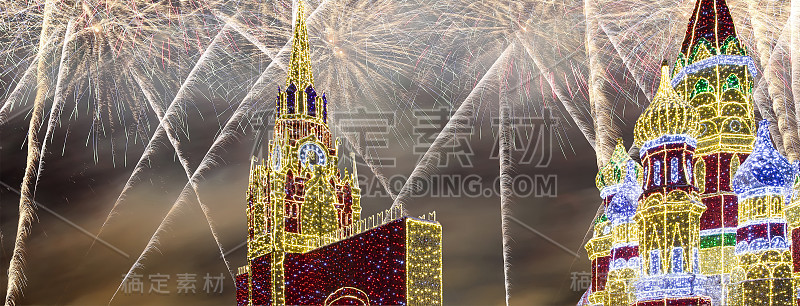 俄罗斯莫斯科圣诞(新年)焰火装饰(晚上)