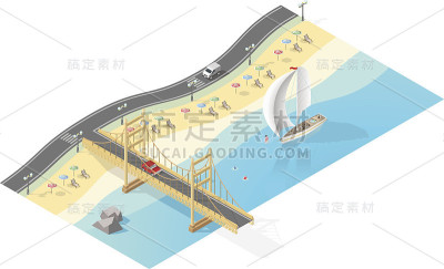 海滩与桥在白色的背景。