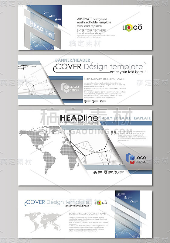 社交媒体和电子邮件的标题设置，现代横幅。抽象设计模板，矢量布局在流行的尺寸。几何蓝色背景，分子结构，