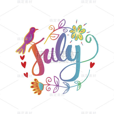 你好七月手写字母短语。夏天Greetinng卡。