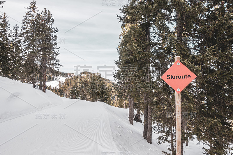 一个写着“skiroute”的红色标志矗立在一条被雪覆盖的滑雪道旁边