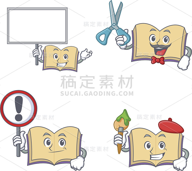 Set of open book character with bring board sign b