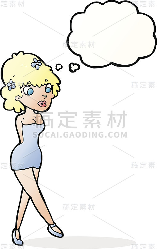 卡通女人在服装摆姿势与思想泡泡