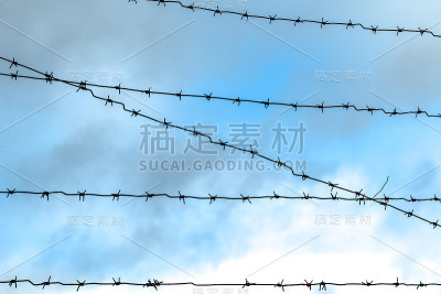 蓝天背景上的带刺铁丝网