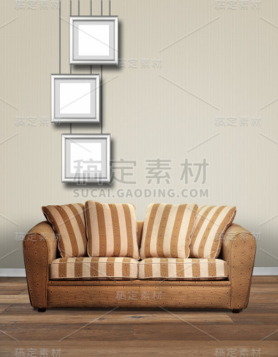 现代室内沙发和三个吊铝框