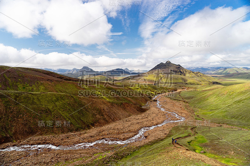 View mountain valley with green hills, river strea