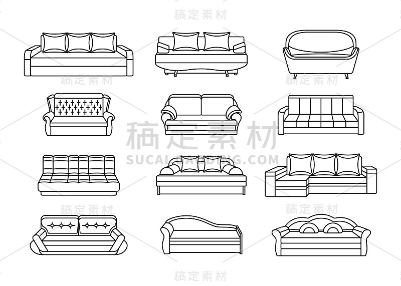 线条图标沙发集。家居内饰家具的收藏。矢量插图在平面风格。